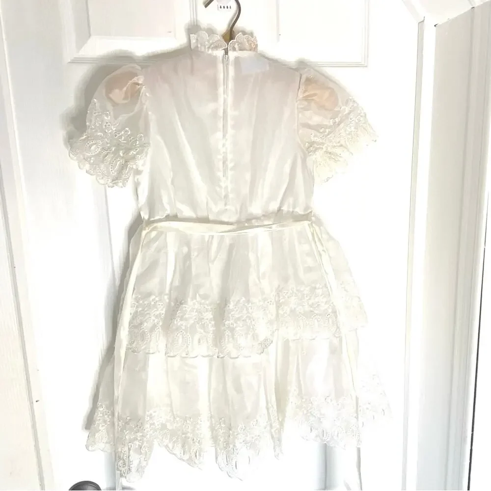 Little Girls Vintage Dress lace, beads, Dolly Size 7